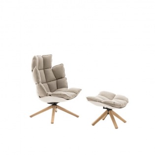 HUSK Drehsessel, breites Rückenpolster & Kopfpolster & Hocker A, Asolo Ecru